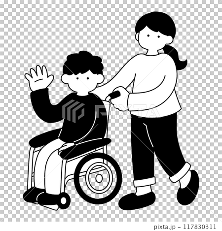 Monochrome illustration of a man in a wheelchair and a woman pushing a wheelchair 117830311