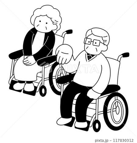 車いすのシニア男性とシニア女性の単色イラスト 車いすのシニア男性とシニア女性の単色イラスト 117830312
