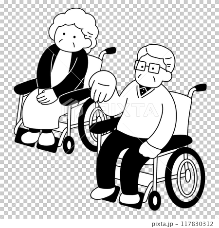 車いすのシニア男性とシニア女性の単色イラスト 車いすのシニア男性とシニア女性の単色イラスト 117830312