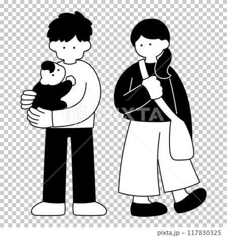 Monochrome illustration of dad, mom and baby walking Monochrome illustration of dad, mom and baby walking 117830325