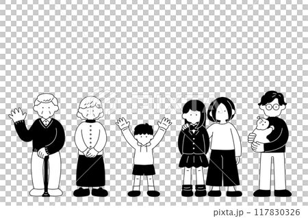 Monochrome illustration (set) of a three-generation family standing side by side Monochrome illustration (set) of a three-generation family standing side by side 117830326