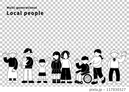 Monochrome illustrations (set) of multi-generational local people standing side by side Monochrome illustrations (set) of multi-generational local people standing side by side 117830327