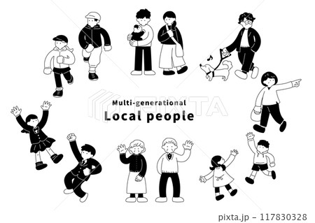 多世代の地域の人々の単色イラスト（セット） 117830328