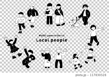 多世代の地域の人々の単色イラスト（セット） 117830328