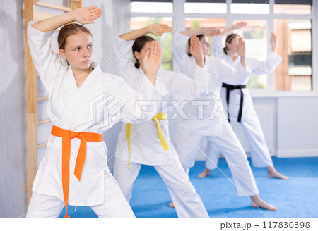 Young female students repeat position and perform sequence of punches and painful techniques kata 117830398