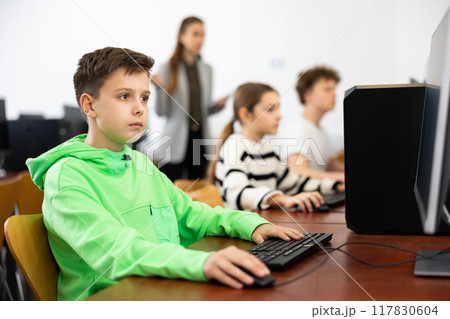 Young boy learning to use personal computer during lesson Young boy learning to use personal computer during lesson 117830604