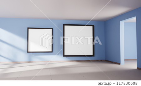 3d empty room corner with doorway and blank poster on light blue wall render. Interior of home, gallery or museum with white picture in black frames. Template for artwork exhibition. 3D illustration 3d empty room corner with doorway and blank poster on light blue wall render. Interior of home, gallery or museum with white picture in black frames. Template for artwork exhibition. 3D illustration 117830608