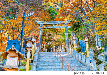 東京 紅葉に染まる武蔵御嶽神社　霧の御坂の鳥居 117830711