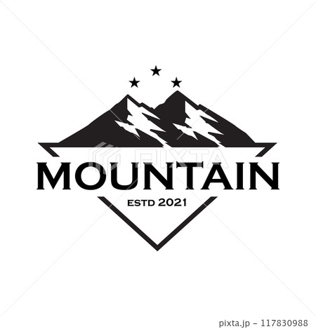 Mountain Silhouette with Black and White Stars for Adventure Vintage Outdoor Landscape Triangle Logo Simple Label Design Mountain Silhouette with Black and White Stars for Adventure Vintage Outdoor Landscape Triangle Logo Simple Label Design 117830988