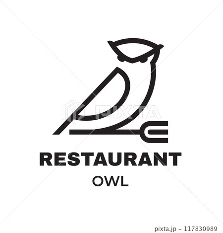Minimalist Owl Restaurant Logo Monochrome Vector Design with Fork Element, Modern and Elegant Branding for Dining Establishments Minimalist Owl Restaurant Logo Monochrome Vector Design with Fork Element, Modern and Elegant Branding for Dining Establishments 117830989