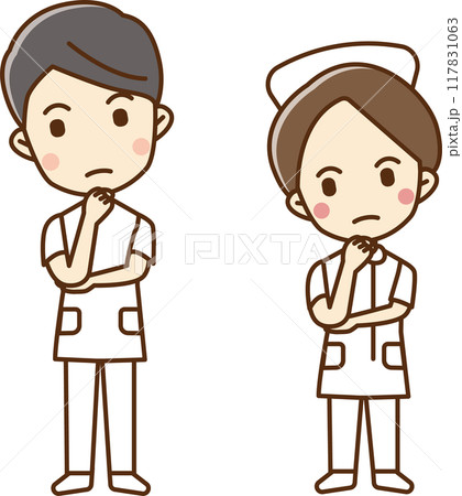 あごに手をあてて考える医療従事者の男女のイラスト 117831063