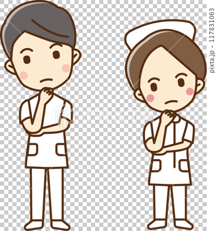 あごに手をあてて考える医療従事者の男女のイラスト 117831063