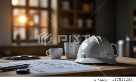 workspace of architect and engineer working 117831282