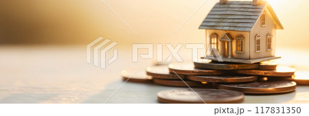 wooden house model on a pile of coins 117831350