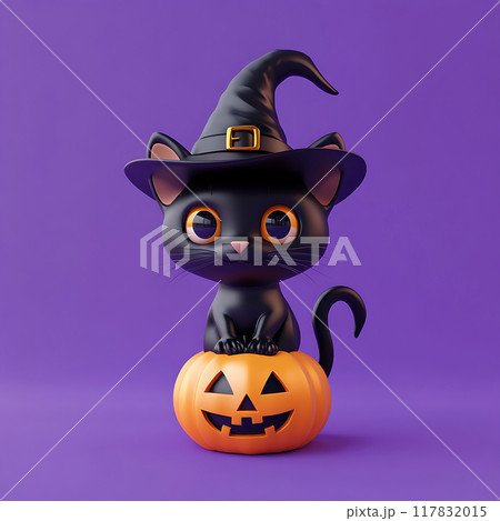 Charming 3D black cat in witch hat with Halloween pumpkin on purple backdrop. 117832015