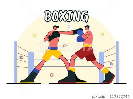 Professional Boxing Sport Vector Illustration Featuring a Boxer Wearing Red Gloves and a Helmet with Scenes of Competing, Sparring, or Practicing 117832746