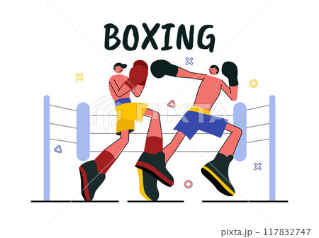 Professional Boxing Sport Vector Illustration Featuring a Boxer Wearing Red Gloves and a Helmet with Scenes of Competing, Sparring, or Practicing 117832747