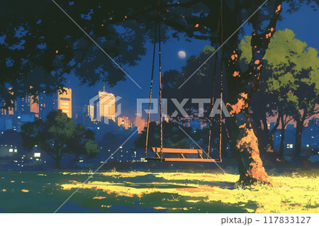 都会の隅にあるブランコがある公園 117833127