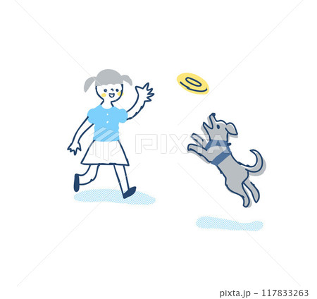 フリスビーで遊ぶ犬と女の子 117833263