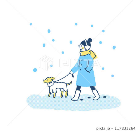 雪の日に犬の散歩をしている女性 117833264