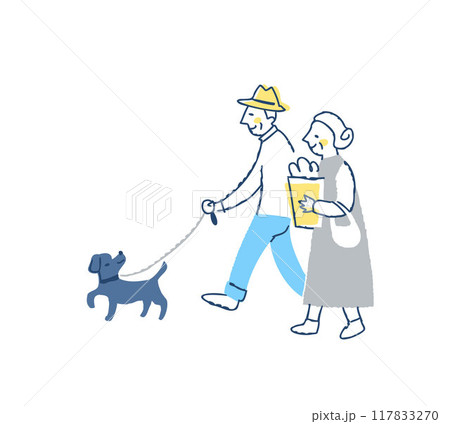 犬の散歩をしているシニアカップル 117833270