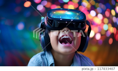 仮想現実に興奮するVRゴーグルを着けた男の子 117833407