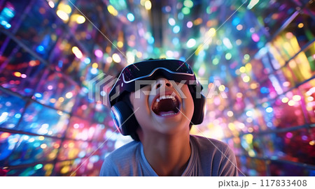 仮想現実に興奮するVRゴーグルを着けた男の子 117833408