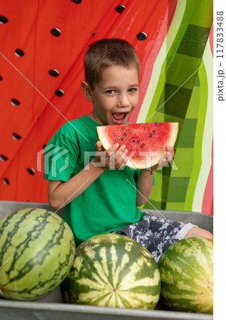 A boy eats a watermelon. A wheelbarrow with watermelons. Summer holidays  117833488