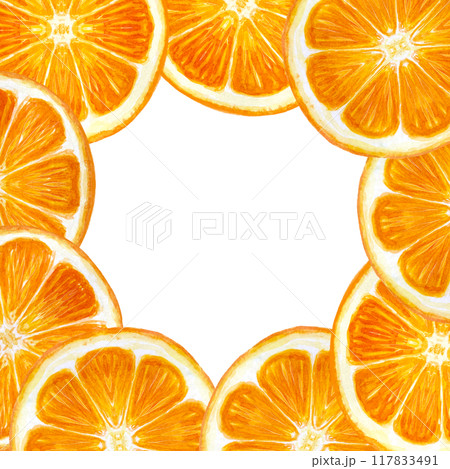 Bright citrus, orange slice frame in watercolor isolated on white background. High quality hand drawn art for packages, cards, posters, restaurant menu, natural organic food logo, Christmas design 117833491