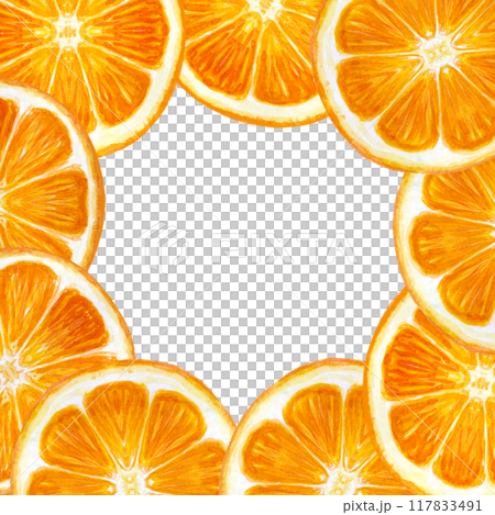 Bright citrus, orange slice frame in watercolor isolated on white background. High quality hand drawn art for packages, cards, posters, restaurant menu, natural organic food logo, Christmas design 117833491