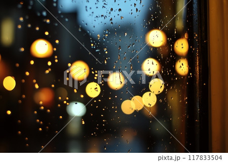 Close-up of rain droplets on a window with a blurred cityscape 117833504