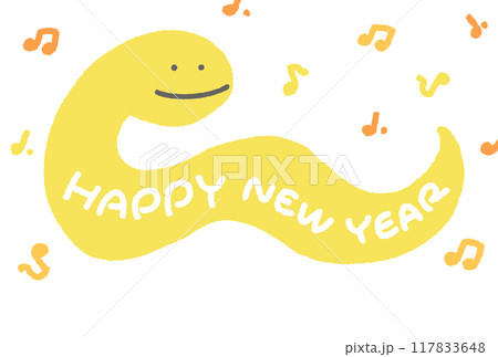 お腹にHAPPY NEW YEARが書いてある蛇の年賀状 2025 音符 お腹にHAPPY NEW YEARが書いてある蛇の年賀状 2025 音符 117833648