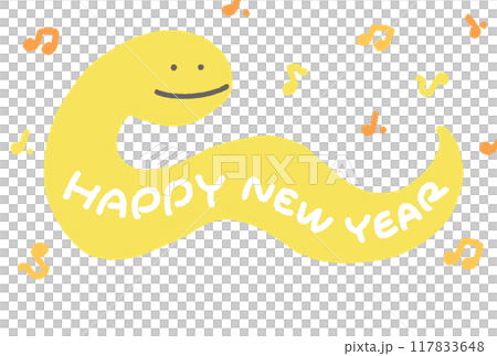 お腹にHAPPY NEW YEARが書いてある蛇の年賀状 2025 音符 お腹にHAPPY NEW YEARが書いてある蛇の年賀状 2025 音符 117833648