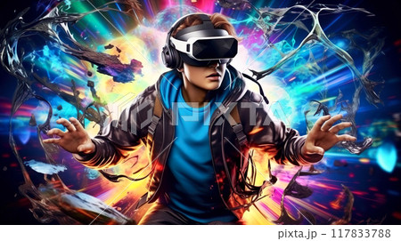 バーチャルの世界に入り込むVRゴーグルをつけた男性 バーチャルの世界に入り込むVRゴーグルをつけた男性 117833788