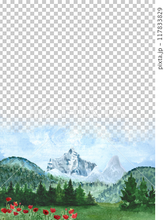Snowy mountain scenery with pine forest and a lake in a distance and a meadow flowers close up. Watercolor hand painted high quality art great for cards, banners, posters, watercolor paper, sketchbook 117833829