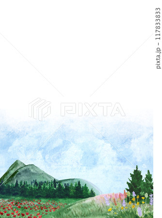 Hill scenery with pine forest in the distance and a meadow close up. Watercolor hand painted high quality illustration great for cards, banners, posters, invitations, notebooks, tourist guides design 117833833