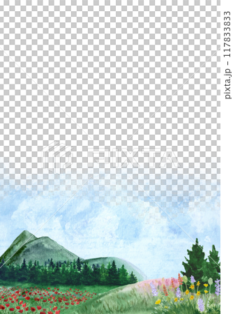 Hill scenery with pine forest in the distance and a meadow close up. Watercolor hand painted high quality illustration great for cards, banners, posters, invitations, notebooks, tourist guides design 117833833
