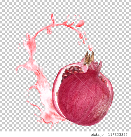 Ripe pomegranate splashing in juice, drops, rich textured, vibrant illustration isolated on white. The hand-painted watercolor perfect for culinary designs, juice packages, kitchen decor, stickers 117833835
