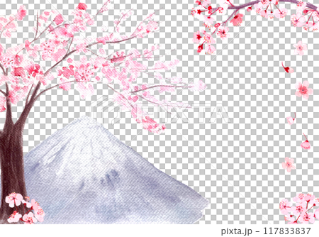 Pink sakura tree, flowers and a mountain vertical card isolated on white. Watercolor hand painted high quality nature design elements great for banners, beauty salons, oriental design, Japan tourist Pink sakura tree, flowers and a mountain vertical card isolated on white. Watercolor hand painted high quality nature design elements great for banners, beauty salons, oriental design, Japan tourist 117833837