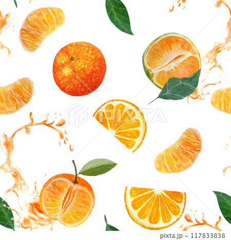 Green orange, mandarine, whole, sliced with juice splashing watercolor seamless pattern isolated on white, hand drawn for culinary, textile, packages design, wrapping paper, posters, cafe menu decor Green orange, mandarine, whole, sliced with juice splashing watercolor seamless pattern isolated on white, hand drawn for culinary, textile, packages design, wrapping paper, posters, cafe menu decor 117833838