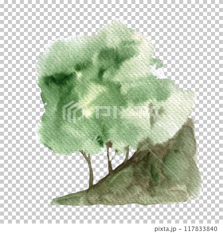 Green trees on a rock formation isolated on white. Hand painted high quality watercolor illustration. Great as a design element for landscapes, wallpaper, posters, eco materials, cards, tote bags Green trees on a rock formation isolated on white. Hand painted high quality watercolor illustration. Great as a design element for landscapes, wallpaper, posters, eco materials, cards, tote bags 117833840