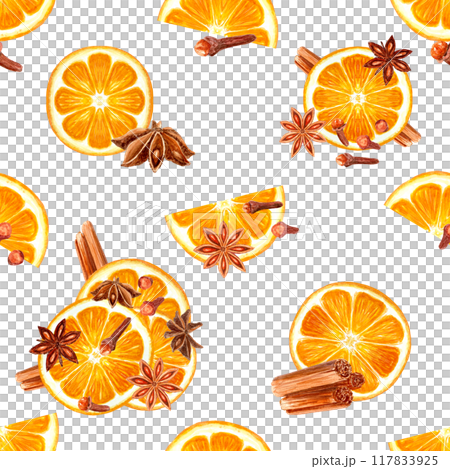 Slice of orange with cinnamon, star anise, cloves watercolor seamless pattern isolated on white. High quality hand drawn art with detailed texture perfect for culinary, Christmas design, menu, textile 117833925