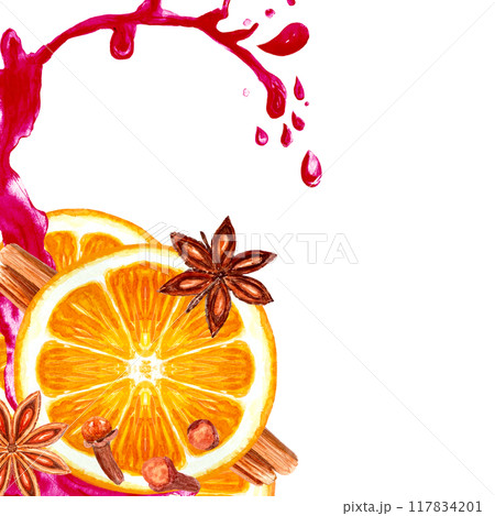 Slice of orange with cinnamon, star anise, cloves splashing in juice watercolor composition isolated on white. High quality hand drawn art with texture great for mulled wine design, spice, tea 117834201