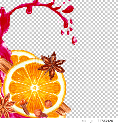 Slice of orange with cinnamon, star anise, cloves splashing in juice watercolor composition isolated on white. High quality hand drawn art with texture great for mulled wine design, spice, tea 117834201