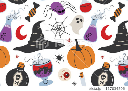 Halloween themed hand drawn seamless pattern, spooky colored ornament of pumpkins, witch hat, spiders and ghosts icons, vector illustrations of Halloween party symbols on white background 117834206