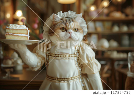 カフェのメイドに扮するスコティッシュフォールド 117834753