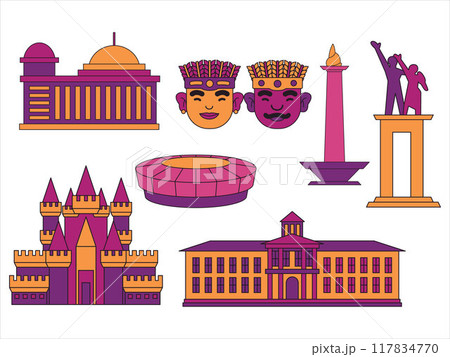 Jakarta Indonesia culture landmarks tourism destination capital city urban Betawi heritage set collection design 117834770