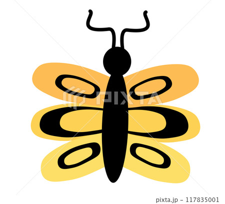 Yellow Butterfly with abstract ornament design wings. Insect element. Vector illustration isolated on white background. Yellow Butterfly with abstract ornament design wings. Insect element. Vector illustration isolated on white background. 117835001