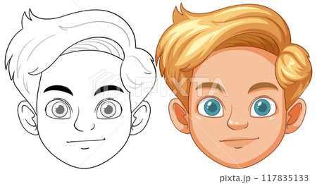 Boy's Face Illustration in Color and Outline 117835133