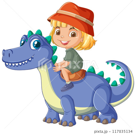 Kid Riding a Friendly Dinosaur Kid Riding a Friendly Dinosaur 117835134